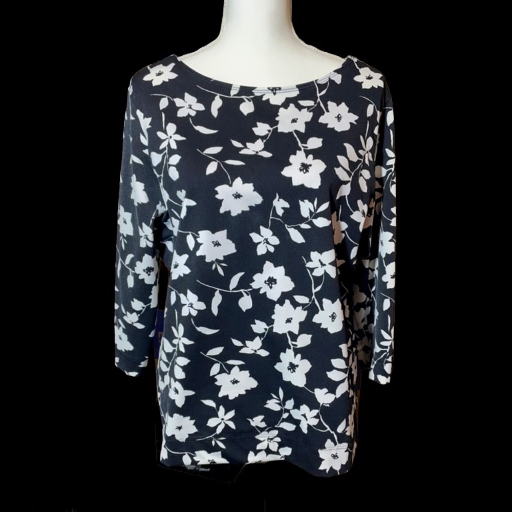 Womens Black and White Floral Blouse 3/4 Sleeve
